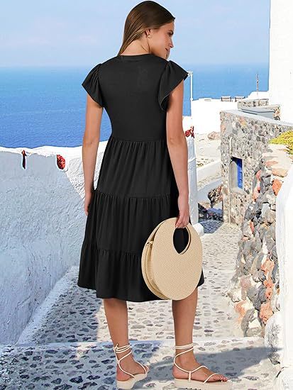 Women's Clothing Dresses Women's V-Neck Ruffle Sleeves Mid Length Patchwork Large Swing Pocket Dress