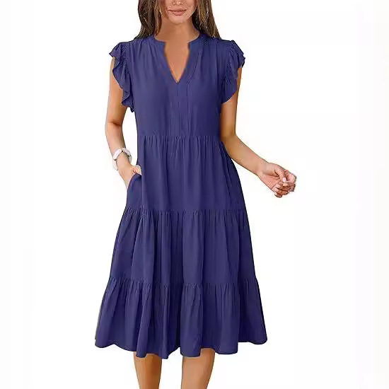 Women's Clothing Dresses Women's V-Neck Ruffle Sleeves Mid Length Patchwork Large Swing Pocket Dress