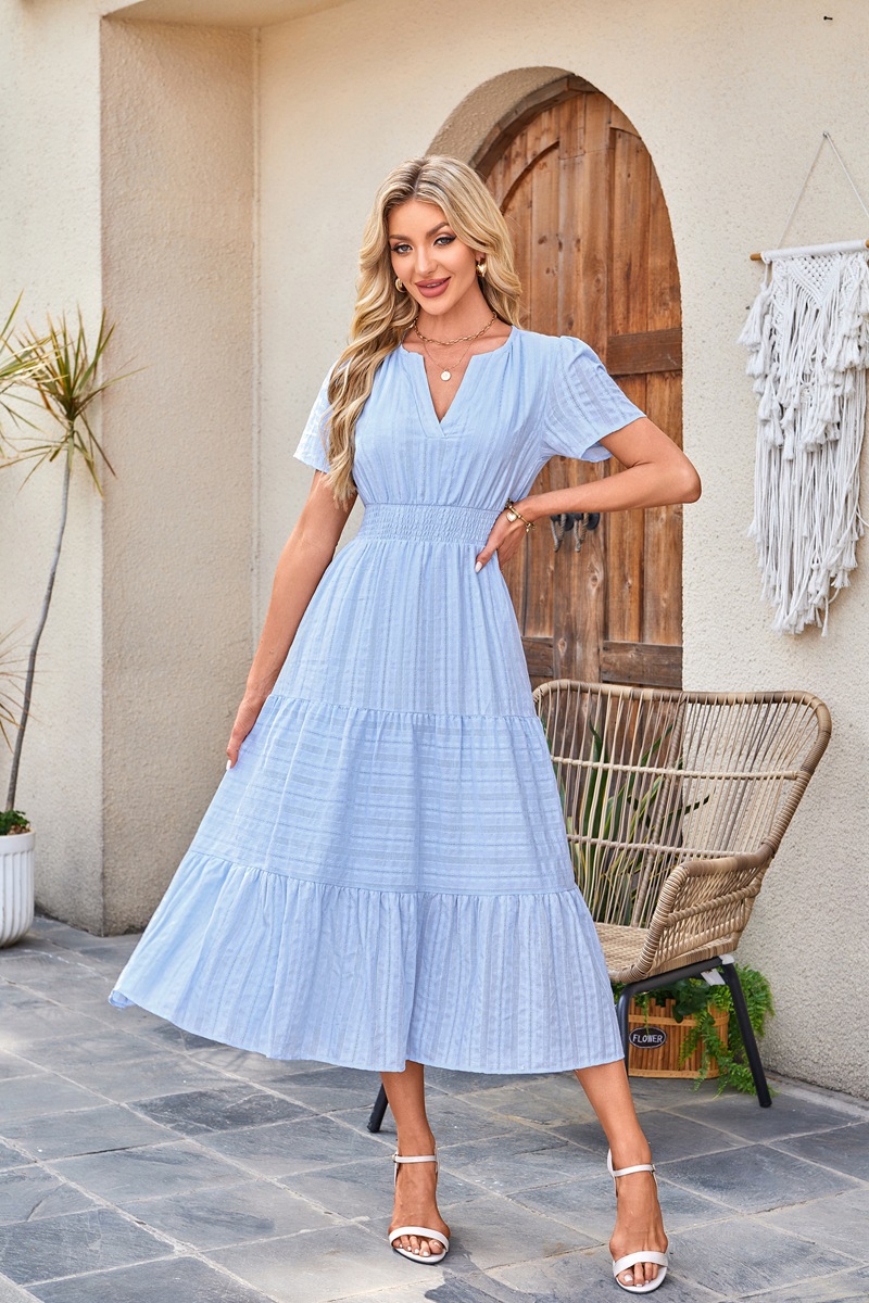 Women's Clothing Dresses Women's V-Neck Pleated Bubble Sleeve Short Sleeved Dress with Large Swing