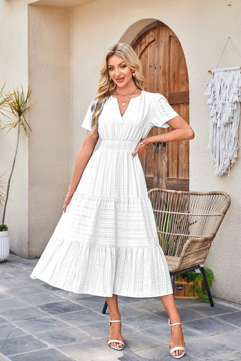 Women's Clothing Dresses Women's V-Neck Pleated Bubble Sleeve Short Sleeved Dress with Large Swing
