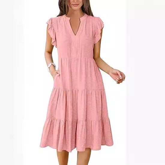 Women's Clothing Dresses Women's V-Neck Ruffle Sleeves Mid Length Patchwork Large Swing Pocket Dress