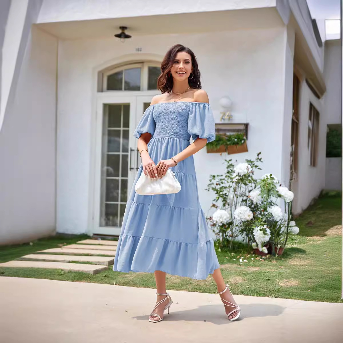 Women's Clothing Dresses Women's Square Neck Backless Bubble Sleeve Pleated Short Sleeved Dress