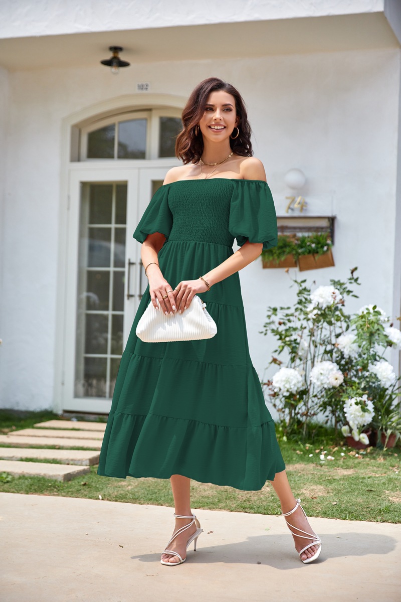 Women's Clothing Dresses Women's Square Neck Backless Bubble Sleeve Pleated Short Sleeved Dress