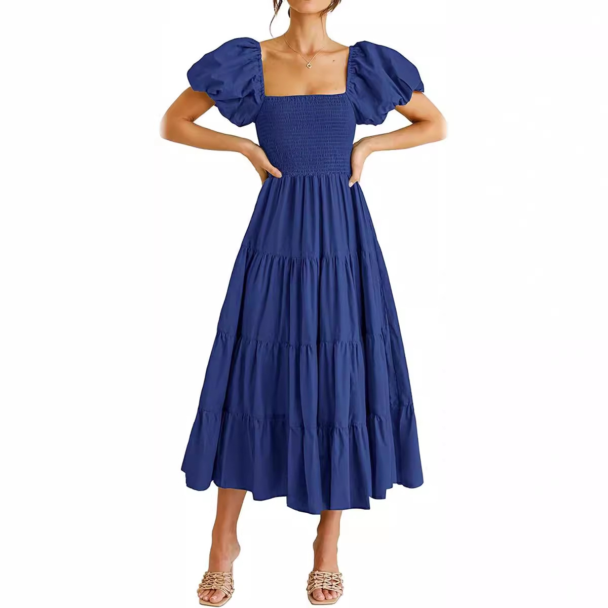 Women's Clothing Dresses Women's Square Neck Backless Bubble Sleeve Pleated Short Sleeved Dress