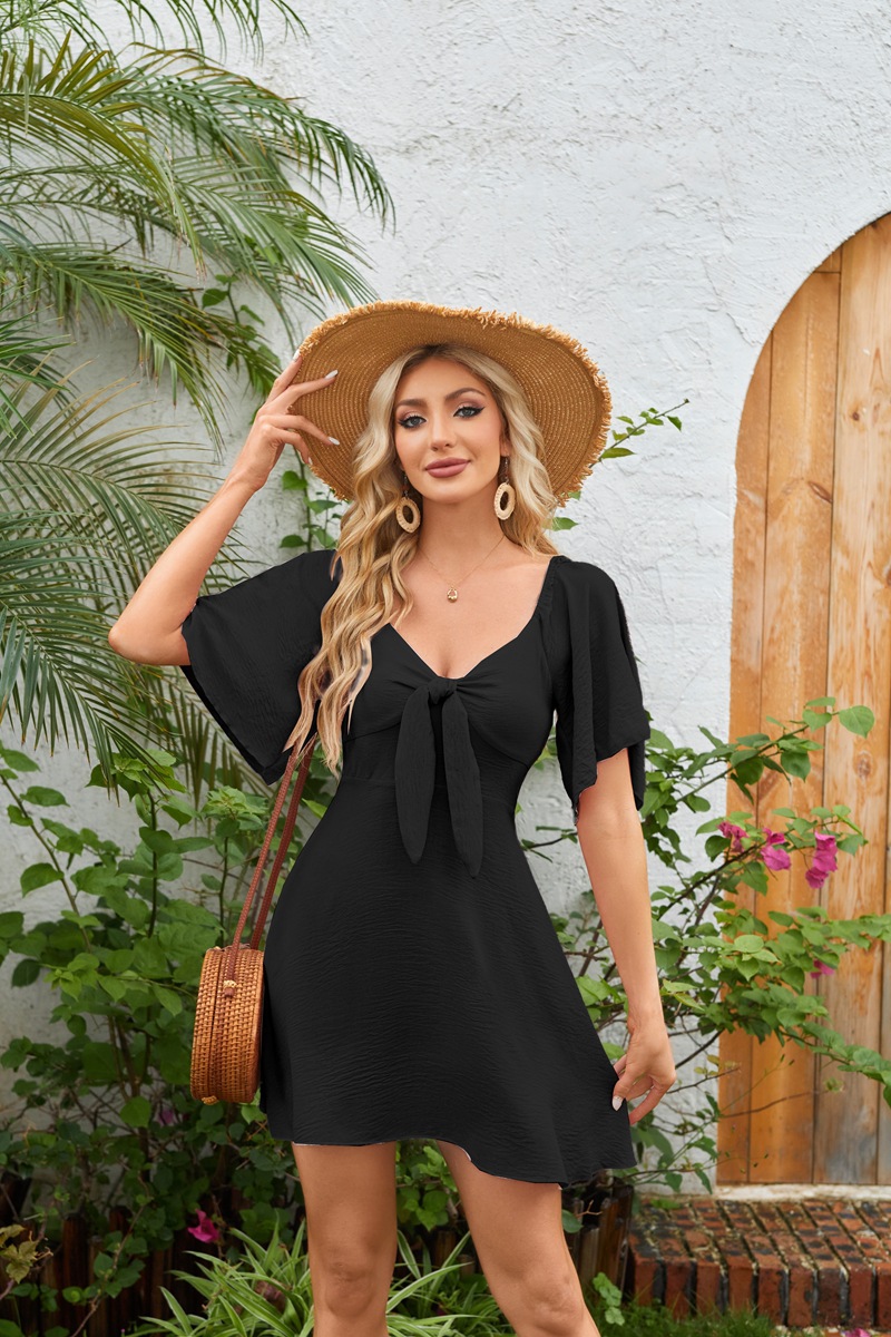 Women's Clothing Dresses Women's V-Neck Bow Tie Short Sleeved Mini Dress