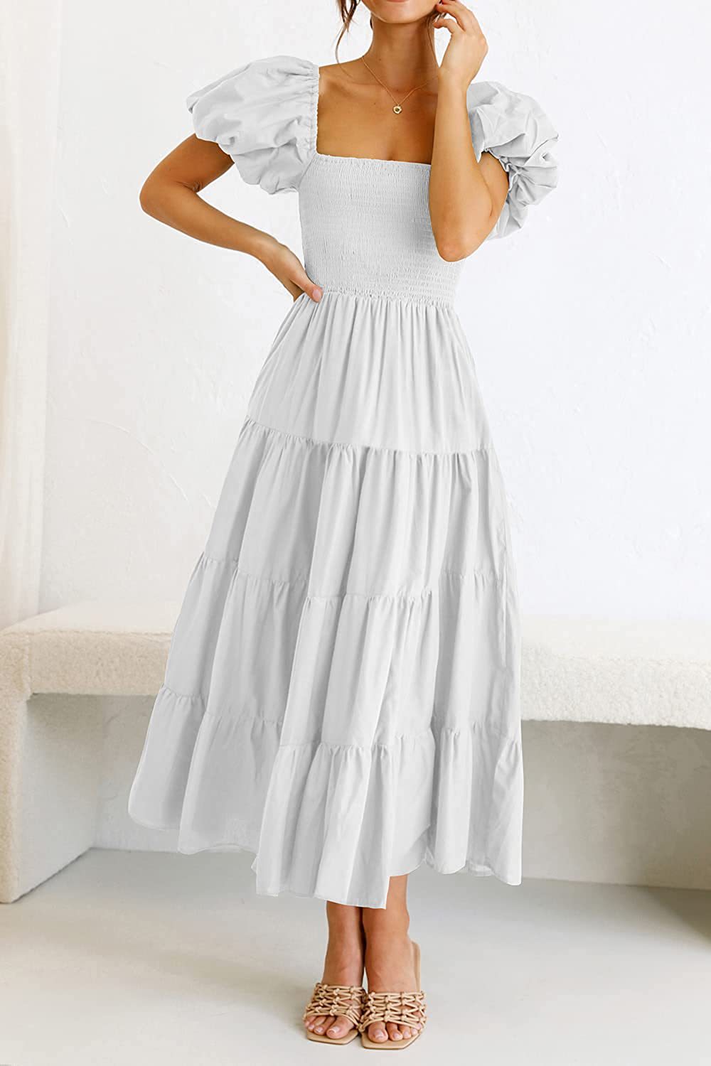 Women's Clothing Dresses Women's Square Neck Backless Bubble Sleeve Pleated Short Sleeved Dress
