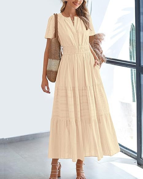 Women's Clothing Dresses Women's V-Neck Pleated Bubble Sleeve Short Sleeved Dress with Large Swing