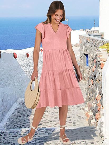 Women's Clothing Dresses Women's V-Neck Ruffle Sleeves Mid Length Patchwork Large Swing Pocket Dress