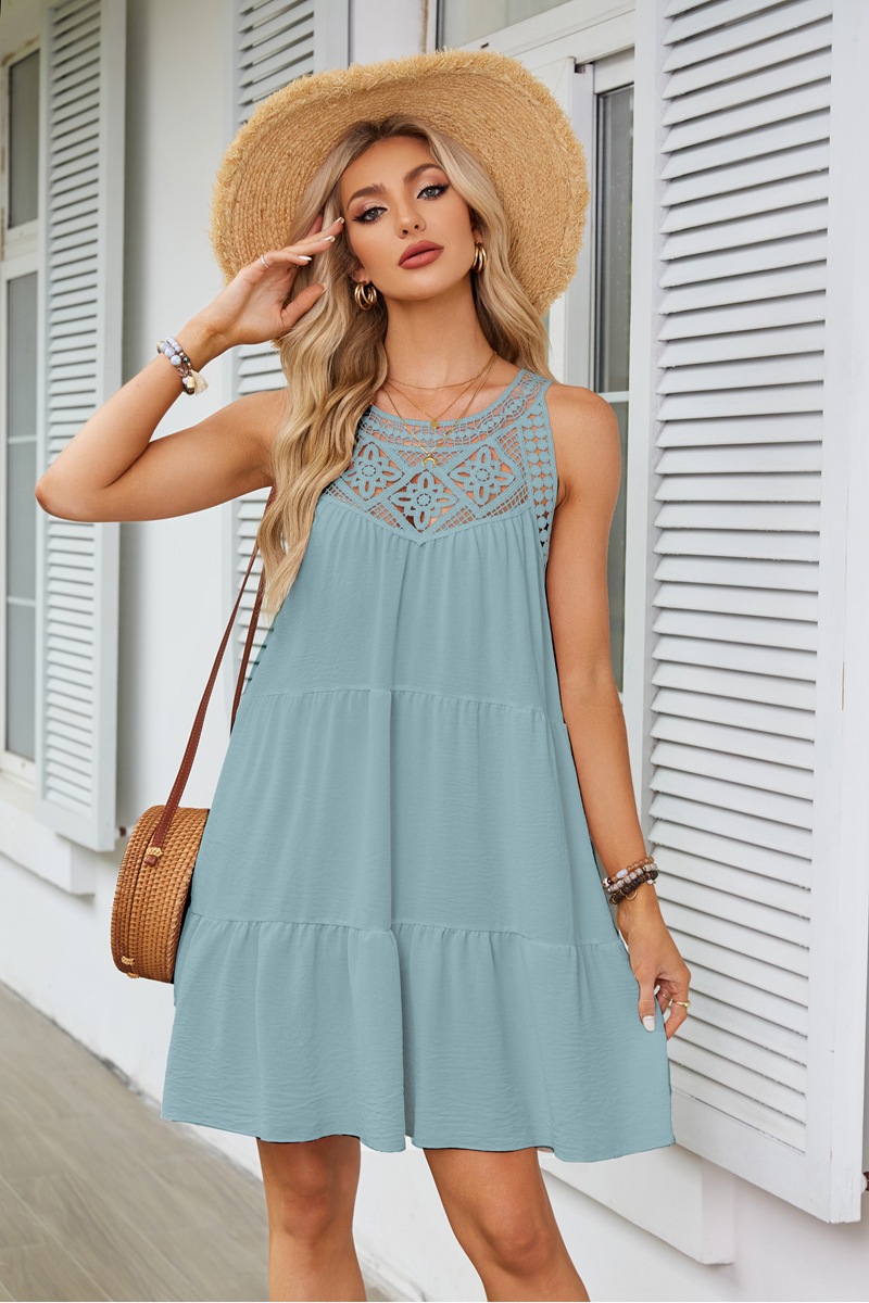 Women's Clothing Dresses Women's Spring Summer Hollow Lace Patchwork Hanging Neck A-Line Dress
