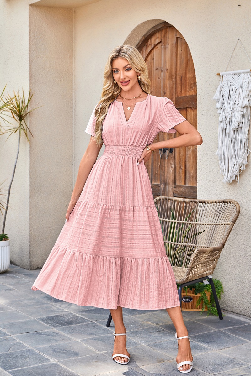Women's Clothing Dresses Women's V-Neck Pleated Bubble Sleeve Short Sleeved Dress with Large Swing