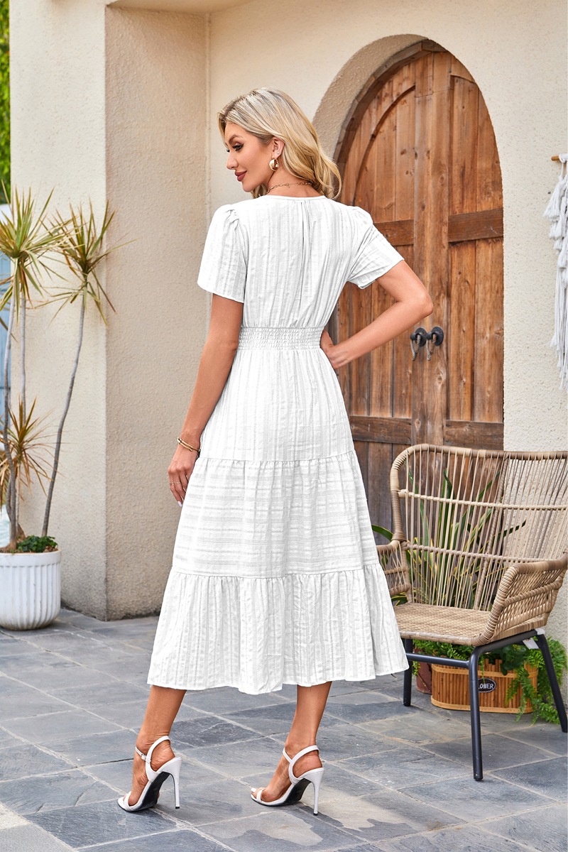 Women's Clothing Dresses Women's V-Neck Pleated Bubble Sleeve Short Sleeved Dress with Large Swing