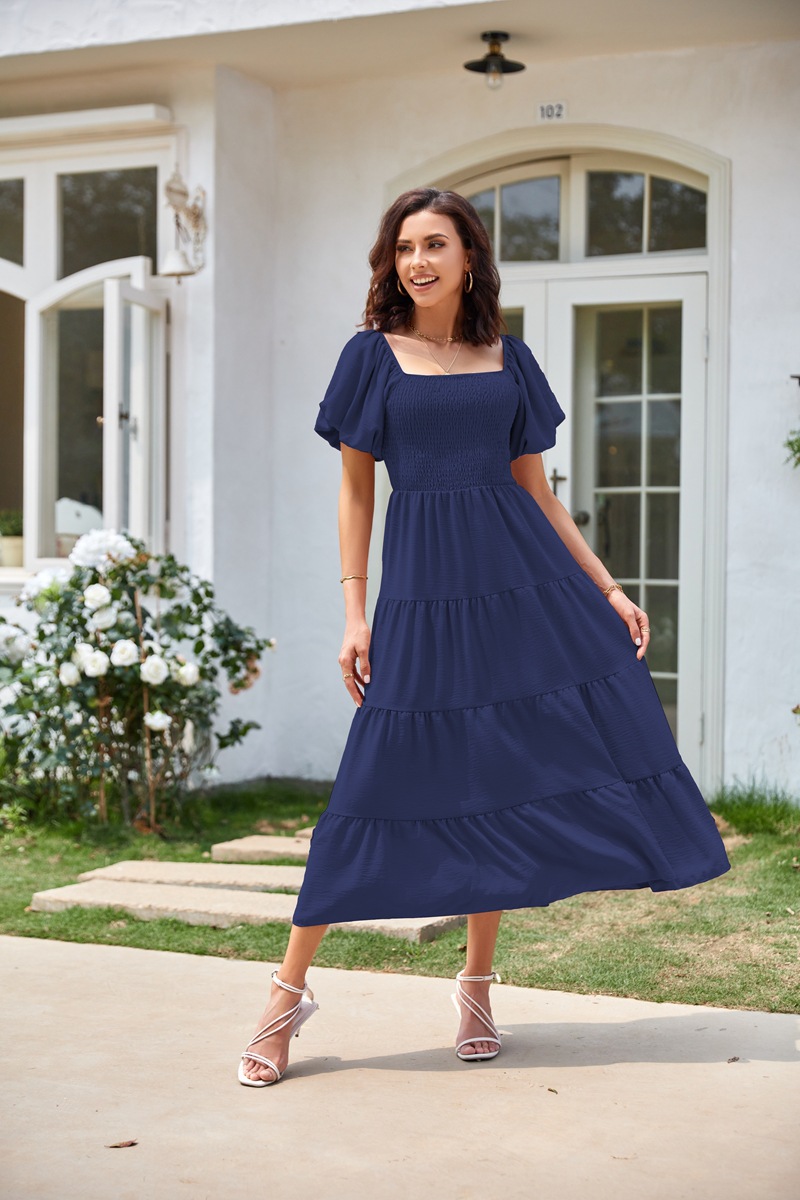 Women's Clothing Dresses Women's Square Neck Backless Bubble Sleeve Pleated Short Sleeved Dress