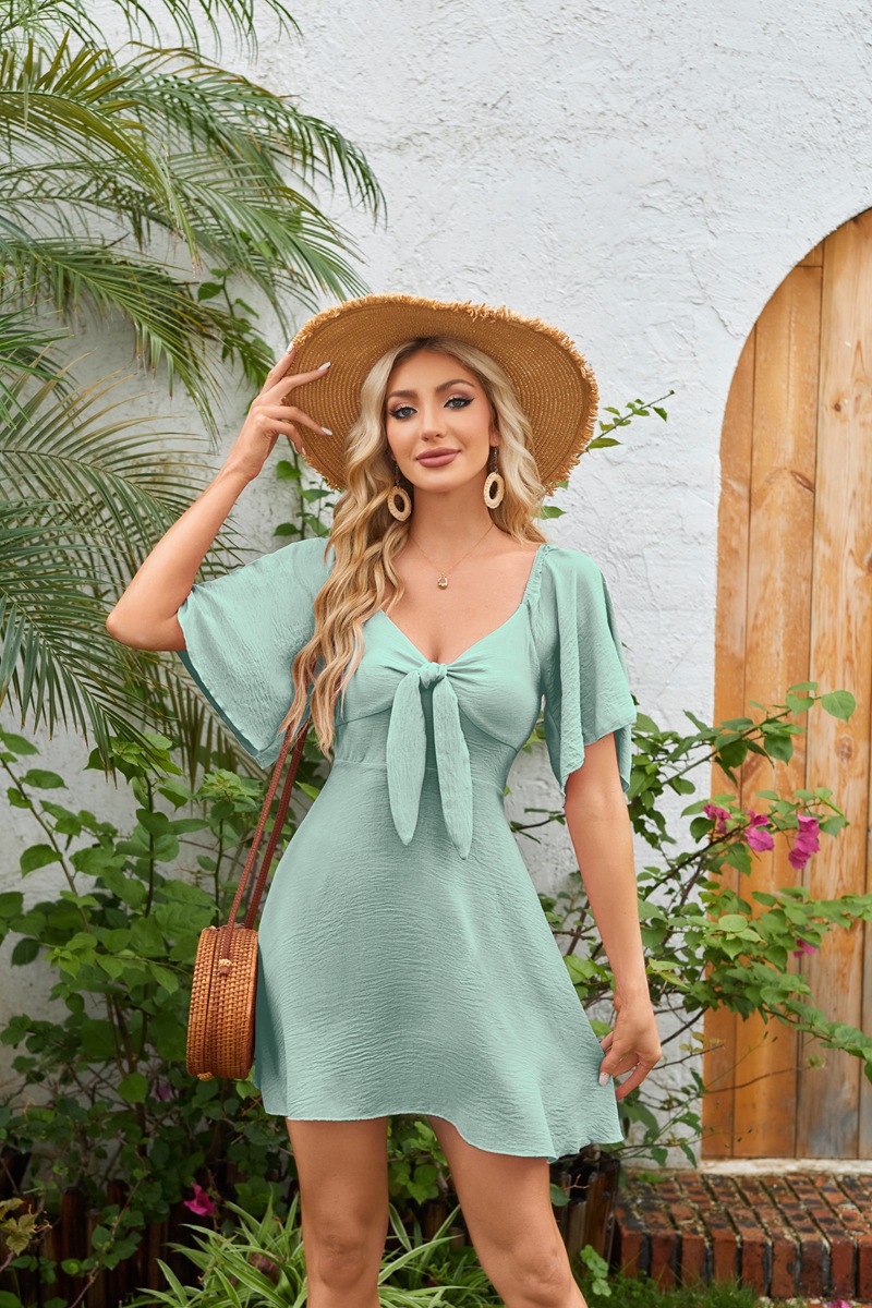 Women's Clothing Dresses Women's V-Neck Bow Tie Short Sleeved Mini Dress