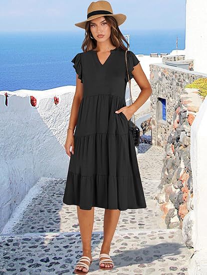 Women's Clothing Dresses Women's V-Neck Ruffle Sleeves Mid Length Patchwork Large Swing Pocket Dress