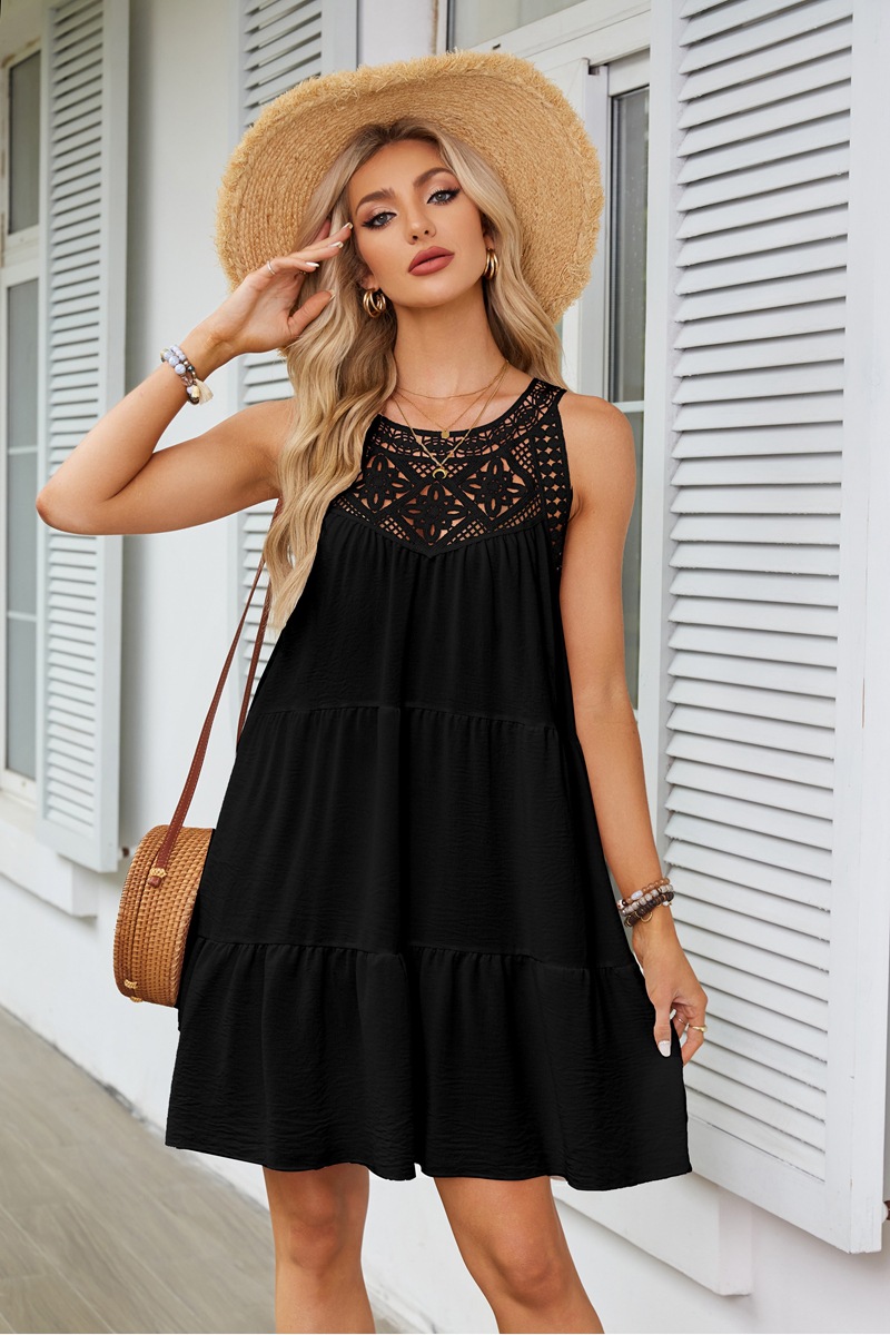 Women's Clothing Dresses Women's Spring Summer Hollow Lace Patchwork Hanging Neck A-Line Dress