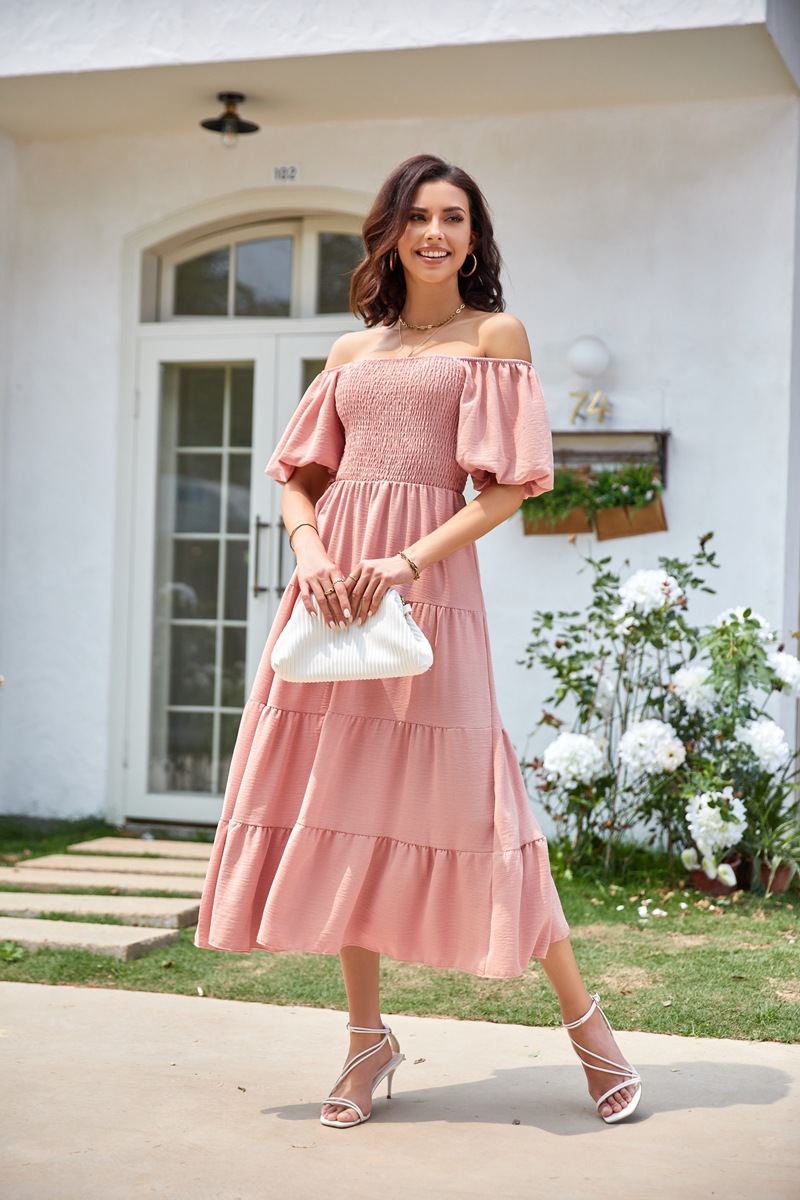 Women's Clothing Dresses Women's Square Neck Backless Bubble Sleeve Pleated Short Sleeved Dress