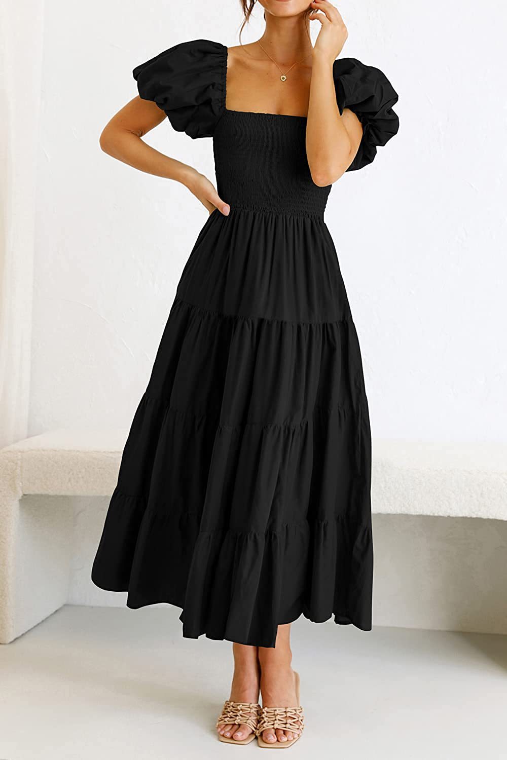 Women's Clothing Dresses Women's Square Neck Backless Bubble Sleeve Pleated Short Sleeved Dress