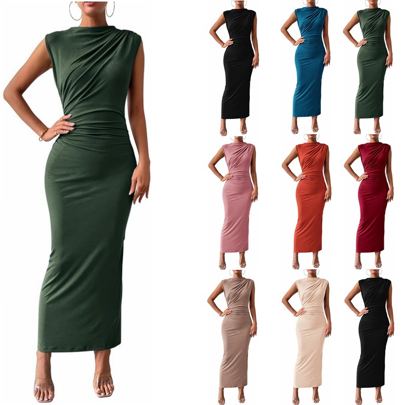 Women's Clothing Dresses Women's Spring Summer Sleeveless Back Slit Pleated Tight Dress