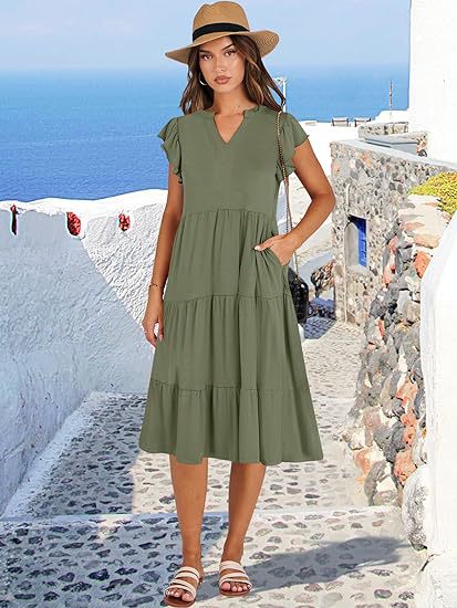 Women's Clothing Dresses Women's V-Neck Ruffle Sleeves Mid Length Patchwork Large Swing Pocket Dress