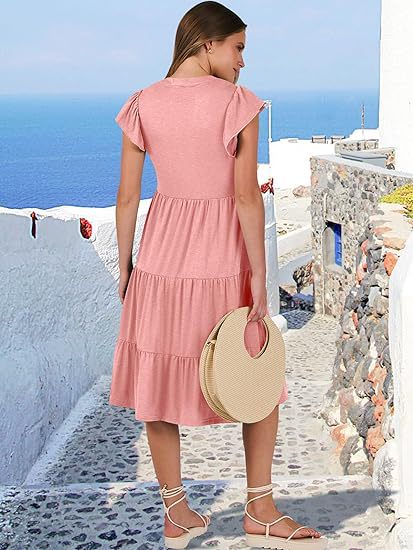 Women's Clothing Dresses Women's V-Neck Ruffle Sleeves Mid Length Patchwork Large Swing Pocket Dress