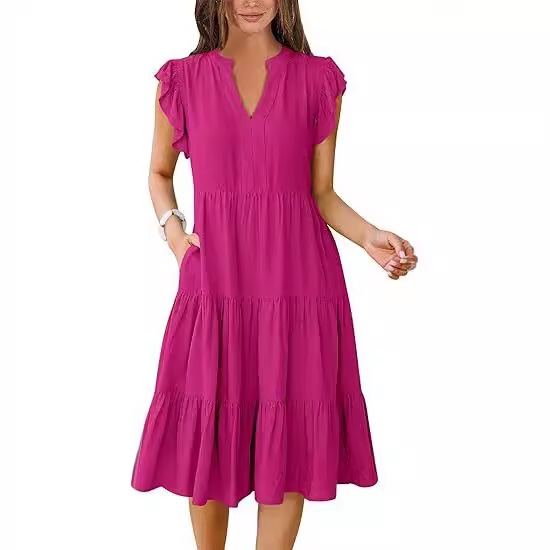 Women's Clothing Dresses Women's V-Neck Ruffle Sleeves Mid Length Patchwork Large Swing Pocket Dress