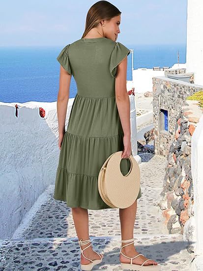 Women's Clothing Dresses Women's V-Neck Ruffle Sleeves Mid Length Patchwork Large Swing Pocket Dress