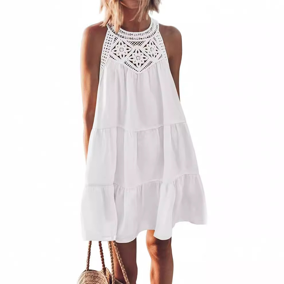 Women's Clothing Dresses Women's Spring Summer Hollow Lace Patchwork Hanging Neck A-Line Dress