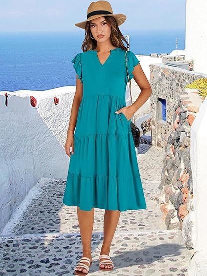 Women's Clothing Dresses Women's V-Neck Ruffle Sleeves Mid Length Patchwork Large Swing Pocket Dress