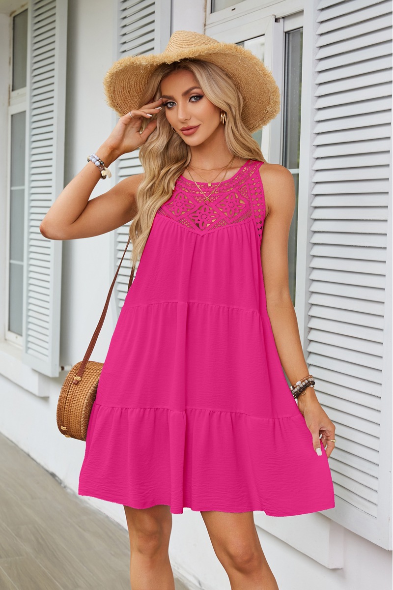Women's Clothing Dresses Women's Spring Summer Hollow Lace Patchwork Hanging Neck A-Line Dress