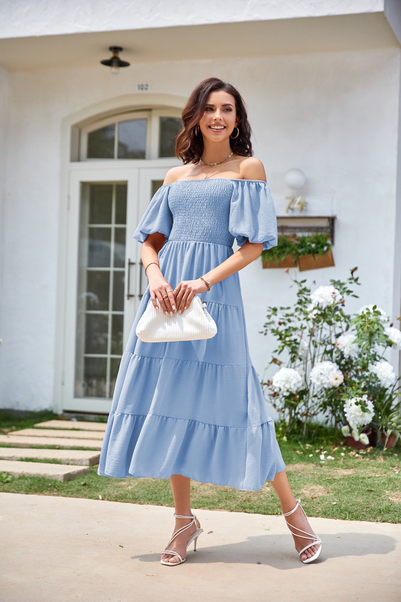 Women's Clothing Dresses Women's Square Neck Backless Bubble Sleeve Pleated Short Sleeved Dress