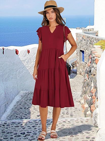Women's Clothing Dresses Women's V-Neck Ruffle Sleeves Mid Length Patchwork Large Swing Pocket Dress