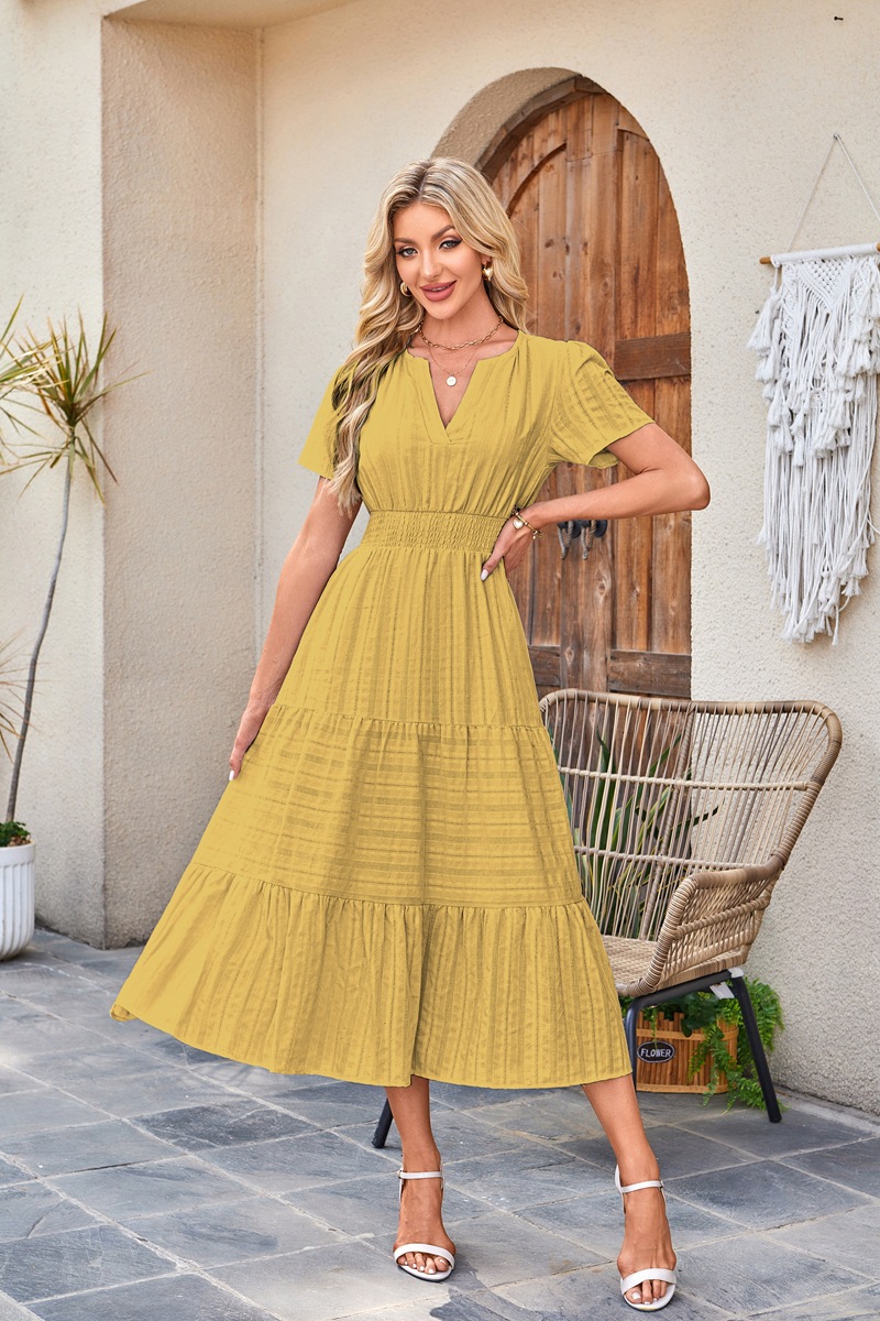 Women's Clothing Dresses Women's V-Neck Pleated Bubble Sleeve Short Sleeved Dress with Large Swing
