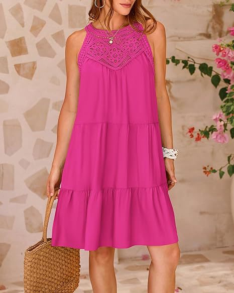 Women's Clothing Dresses Women's Spring Summer Hollow Lace Patchwork Hanging Neck A-Line Dress