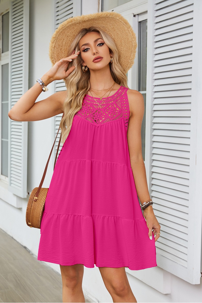 Women's Clothing Dresses Women's Spring Summer Hollow Lace Patchwork Hanging Neck A-Line Dress