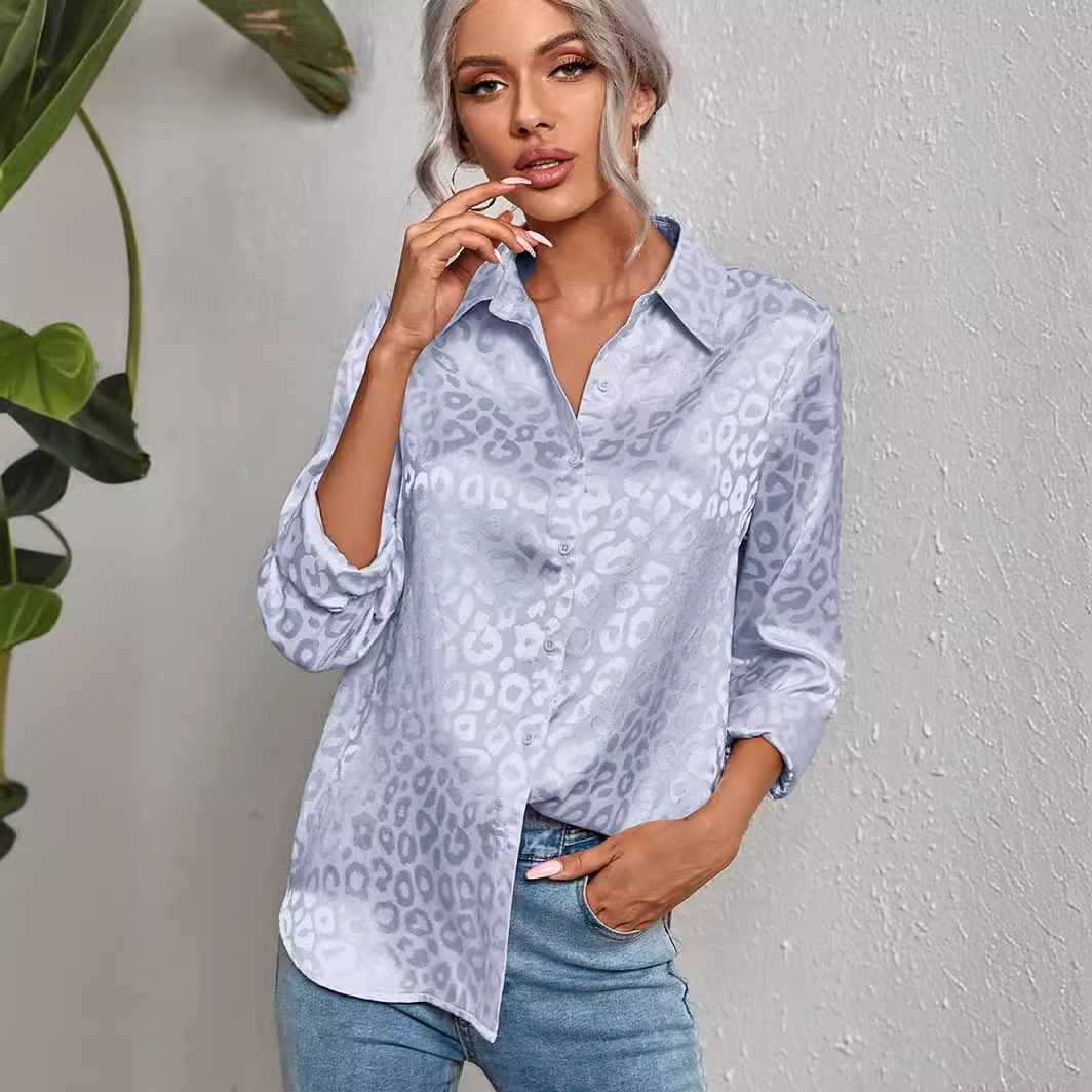 Women's Clothing Tops Blouses Women's Spring Summer New Style Collar Button-Up Leopard Print Jacquard Shirt Elegant Commuting Long-Sleeved Shirt