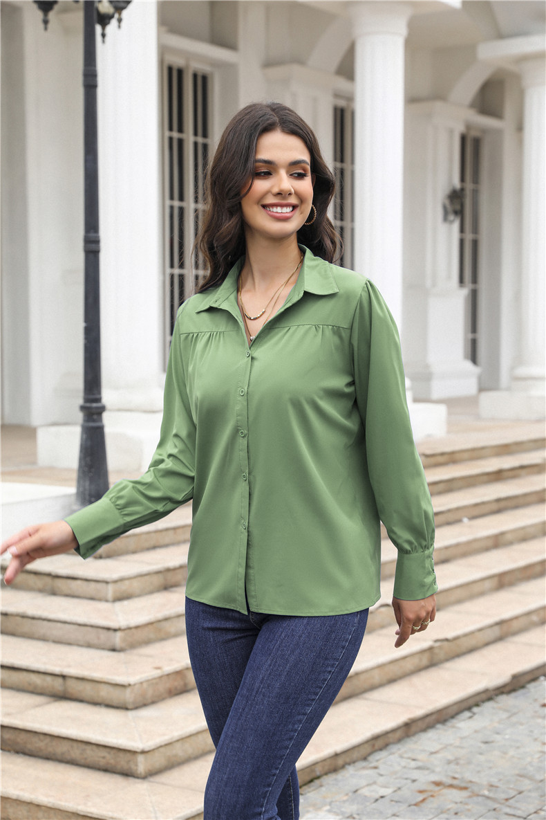 Women's Clothing Tops Blouses Button-Up Top with Lantern Sleeves Pleated Pure Color Stand Collar Loose Long-Sleeved Women's Shirt