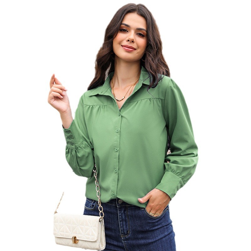 Women's Clothing Tops Blouses Button-Up Top with Lantern Sleeves Pleated Pure Color Stand Collar Loose Long-Sleeved Women's Shirt