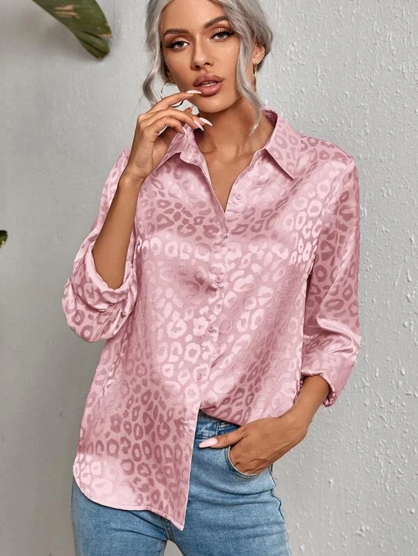 Women's Clothing Tops Blouses Women's Spring Summer New Style Collar Button-Up Leopard Print Jacquard Shirt Elegant Commuting Long-Sleeved Shirt