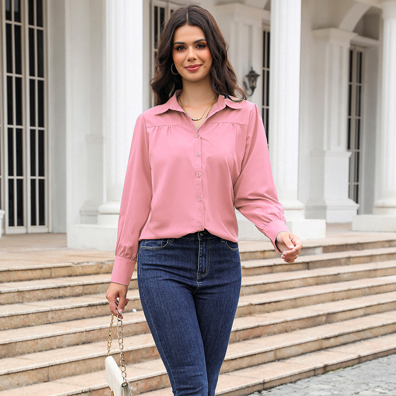 Women's Clothing Tops Blouses Button-Up Top with Lantern Sleeves Pleated Pure Color Stand Collar Loose Long-Sleeved Women's Shirt