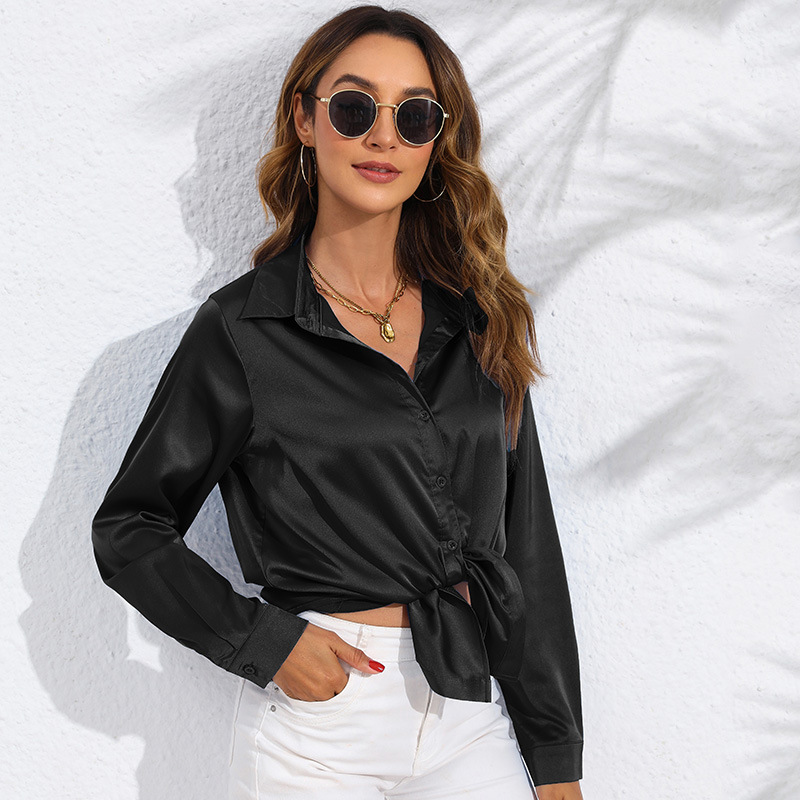 Women's Clothing Tops Blouses Spring Autumn European American Style Women's Clothing Pure Color Satin-Like Long-Sleeved Women's Shirt