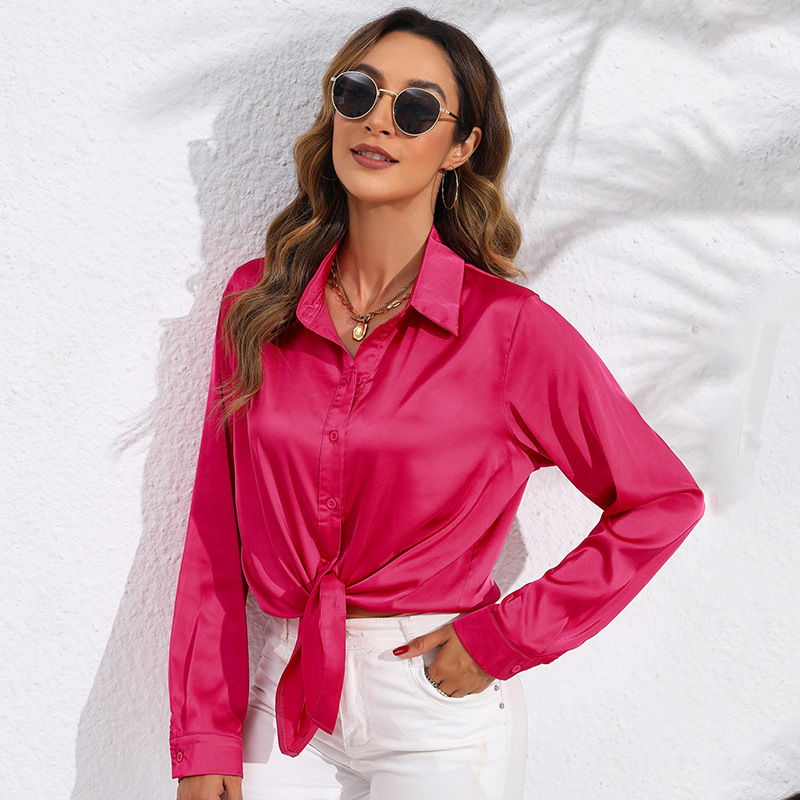 Women's Clothing Tops Blouses Spring Autumn European American Style Women's Clothing Pure Color Satin-Like Long-Sleeved Women's Shirt