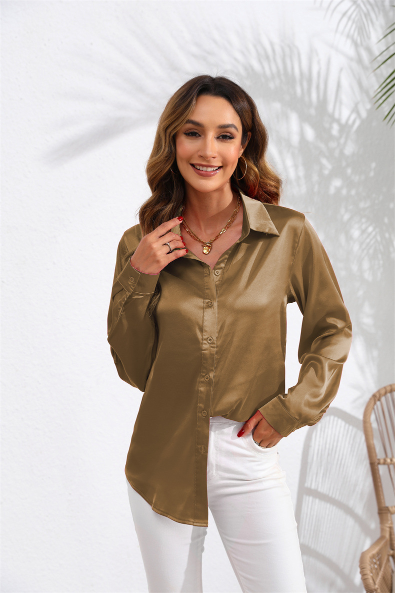 Women's Clothing Tops Blouses Spring Autumn European American Style Women's Clothing Pure Color Satin-Like Long-Sleeved Women's Shirt