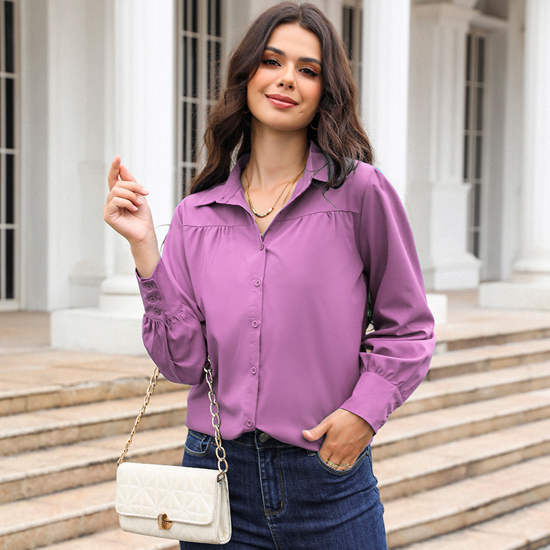 Women's Clothing Tops Blouses Button-Up Top with Lantern Sleeves Pleated Pure Color Stand Collar Loose Long-Sleeved Women's Shirt