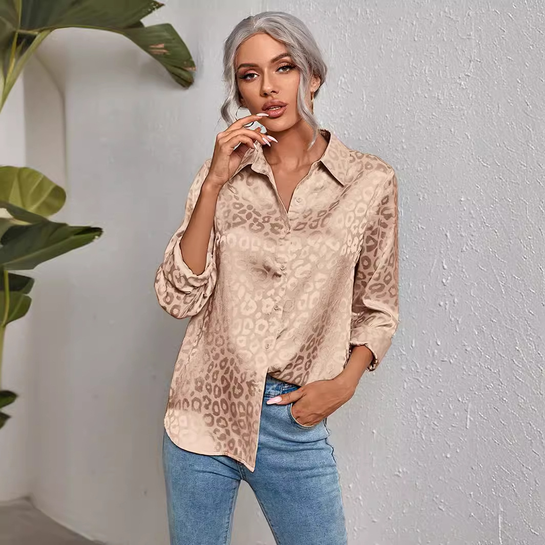 Women's Clothing Tops Blouses Women's Spring Summer New Style Collar Button-Up Leopard Print Jacquard Shirt Elegant Commuting Long-Sleeved Shirt