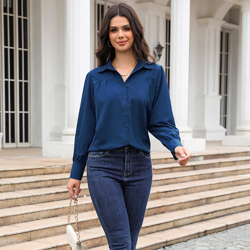 Women's Clothing Tops Blouses Button-Up Top with Lantern Sleeves Pleated Pure Color Stand Collar Loose Long-Sleeved Women's Shirt