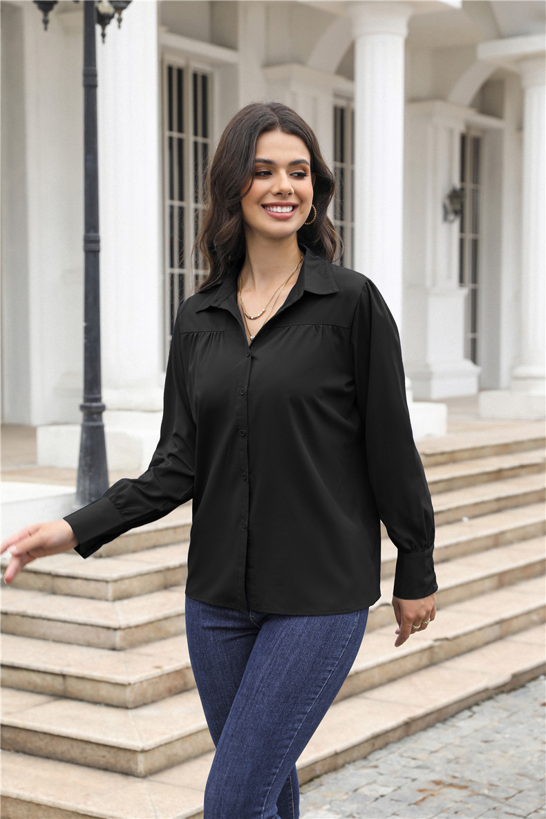 Women's Clothing Tops Blouses Button-Up Top with Lantern Sleeves Pleated Pure Color Stand Collar Loose Long-Sleeved Women's Shirt