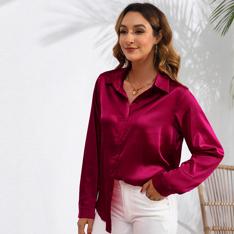 Women's Clothing Tops Blouses Spring Autumn European American Style Women's Clothing Pure Color Satin-Like Long-Sleeved Women's Shirt
