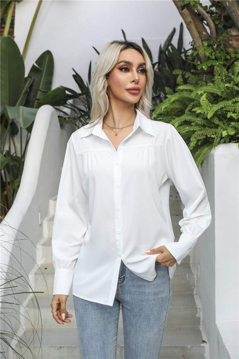 Women's Clothing Tops Blouses Button-Up Top with Lantern Sleeves Pleated Pure Color Stand Collar Loose Long-Sleeved Women's Shirt