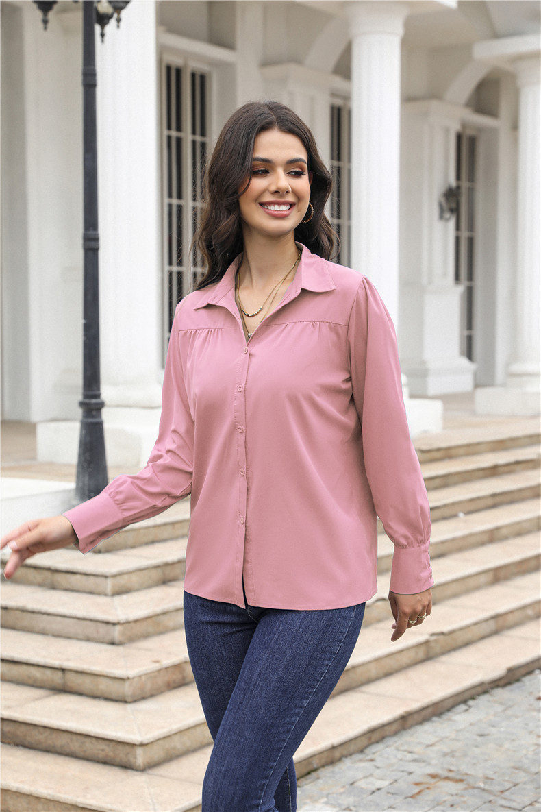 Women's Clothing Tops Blouses Button-Up Top with Lantern Sleeves Pleated Pure Color Stand Collar Loose Long-Sleeved Women's Shirt
