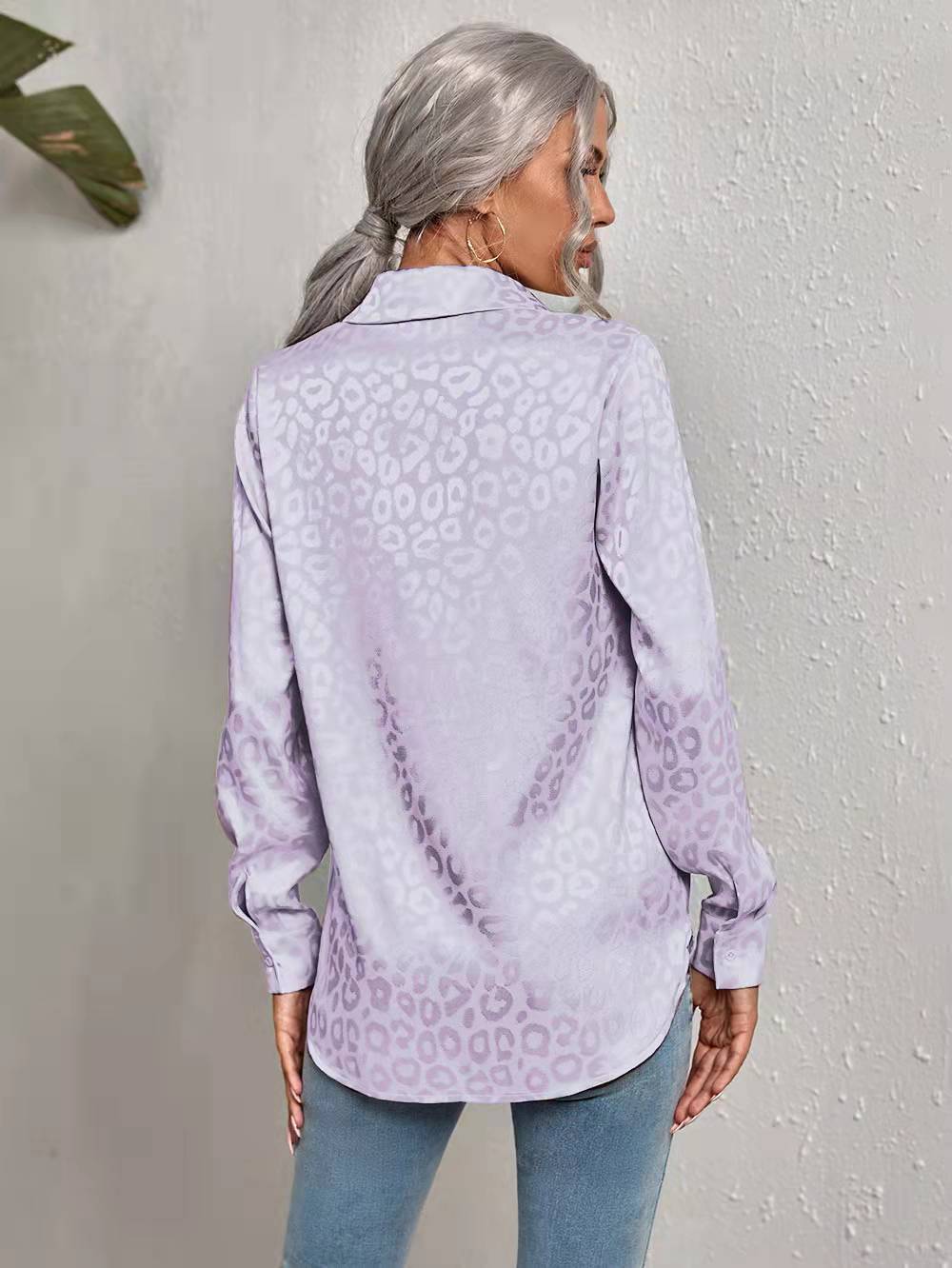 Women's Clothing Tops Blouses Women's Spring Summer New Style Collar Button-Up Leopard Print Jacquard Shirt Elegant Commuting Long-Sleeved Shirt